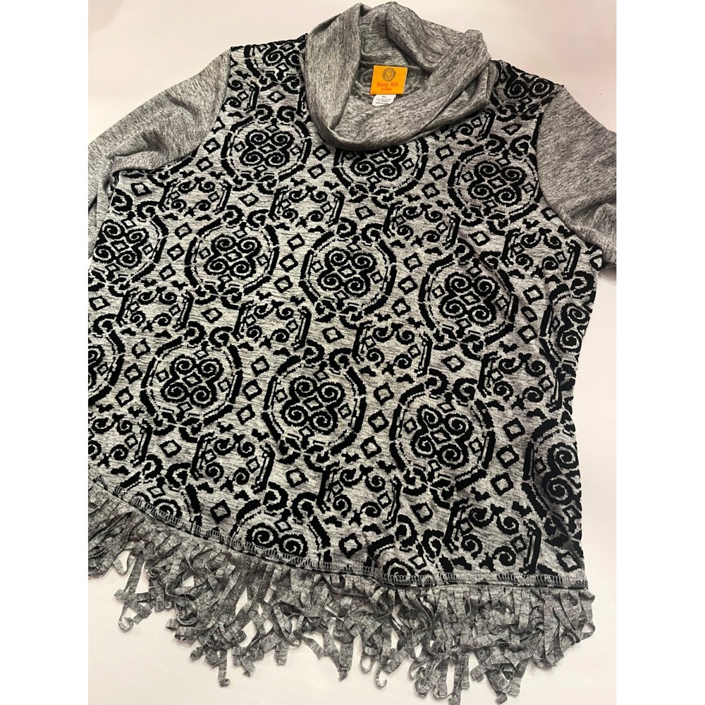 Ruby Rd Petite Cowl Neck Fringe Hem Top Gray Black Flocked Damask Petite Large